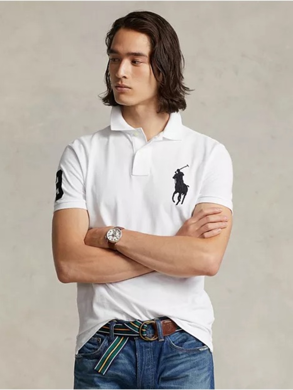 Polo Ralph Lauren Big Pony Polo Shirt Men L White Custom Slim Fit Cotton